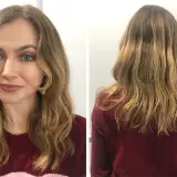 Vorher-Nachher-Vergleich eines Calligraphy Cut Haarschnitts. Die Frau hat schulterlanges, welliges blondes Haar.