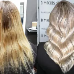 Vorher-Nachher-Vergleich: Blondes Haar mit Gelbstich wird zu strahlendem Blond.