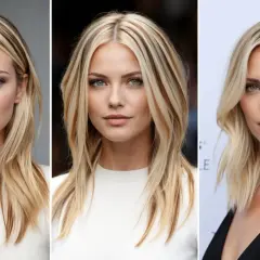 Drei Porträts einer Frau mit schulterlangen, mittelblonden Haaren und blonden Strähnen. Sie trägt dezentes Make-up und blickt in die Kamera.