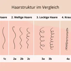 Vergleich der Haarstruktur: glatt, wellig, lockig und kraus. Die Tabelle zeigt verschiedene Haarformen von 1a bis 4b.