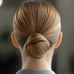 Eine Frau mit einer makellosen, sleek Frisur, die zu einem eleganten Knoten gebunden ist.