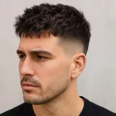 Mann mit französischem Crop und Low Fade Haarschnitt, dunkles, texturiertes Haar, dezenter Bart.