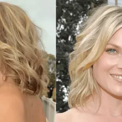 Blonde, well-gestylte frisuren mittellanges haar mit leichten Wellen. Ein Lächeln und blaue Augen auf der rechten Seite.