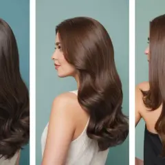 Glänzendes braunes Haar, das nach der Anwendung von ammoniakfreier Haarfarbe gesund aussieht.