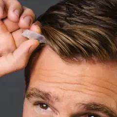 Mann mit beginnenden Geheimratsecken, der eine kleine Kapsel ins Haar drückt.