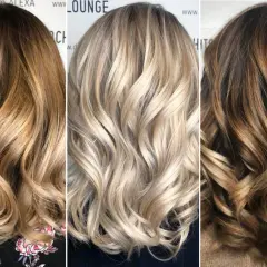 Drei Frisuren mit braun-blonden Haaren: von dunkelbraun mit hellen Strähnen über platinblond bis zu dunkelbraun mit honigblonden Akzenten.