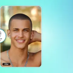 Vorher/Nachher-Vergleich: Ein Mann mit lockigem Haar und derselbe Mann mit einem Buzz Cut. Der Buzz Cut Filter steht mir.