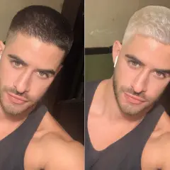 Mann mit Buzz Cut, einmal mit dunklem Haar, dann mit buzz cut blond.
