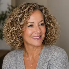 Lächelnde Frau mit mittellangen, lockigen Haaren, eine Inspiration für Frisuren mittellang locken ab 50.