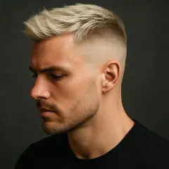 Mann mit einem modernen Mid Fade Blond Haarschnitt, der nachdenklich zur Seite blickt.