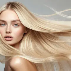 Ein Porträt einer Frau mit langen, hellblonden Haaren, die sich im Wind bewegen. Ihre blauen Augen und vollen Lippen sind zu sehen.