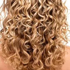 Ein Rücken mit vollem, blondem, krausem Haar, das in perfekten Locken fällt.