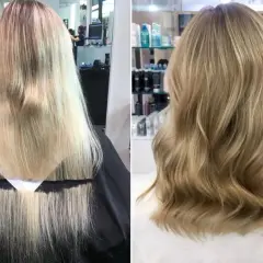 Vorher/Nachher-Vergleich: Lange, feine Haare werden zu einer voluminösen, welligen Mähne.