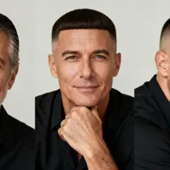 Drei Männerporträts: links ein älterer Mann mit grauem Haar und Bart, Mitte und rechts Männer mit kurz geschorenen Haaren, die fast spiky wirken.