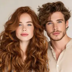 Ein Mann und eine Frau mit vollen, roten locken 2b und blauen Augen stehen nebeneinander.