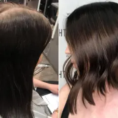 Vorher-Nachher-Vergleich: Dunkles Haar wird aufgehellt und zu einem Bob geschnitten. Die Haarfarbe entfernen war erfolgreich.