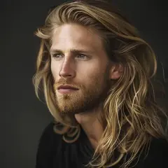 Mann mit mittellang pflegeleicht herren frisuren, blondes Haar, Bart, blickt nach rechts.