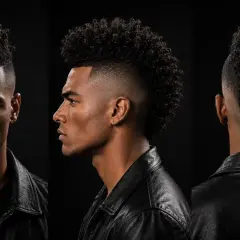 Mann mit kurzer Mohawk-Frisur, lockigem Oberkopf und an den Seiten kurz geschorenen Haaren, im Lederjacken-Look.
