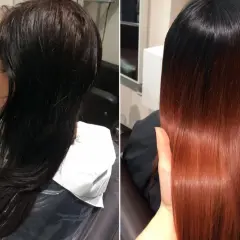 Vorher/Nachher: Dunkles Haar wird zu einem warmen Kupferton mit sanftem Übergang, der an Ombré vs. Balayage erinnert.