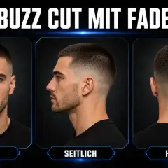Mann mit Buzz Cut Taper Fade. Von vorne, seitlich und von hinten gezeigt.