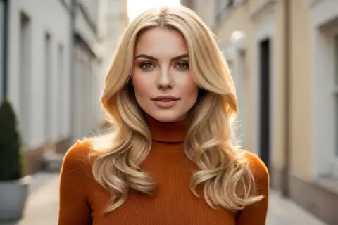 Eine Frau mit honigblonden Haaren und einem orangen Rollkragenpullover steht in einer Gasse.