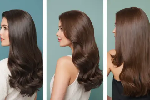 Glänzendes braunes Haar, das nach der Anwendung von ammoniakfreier Haarfarbe gesund aussieht.