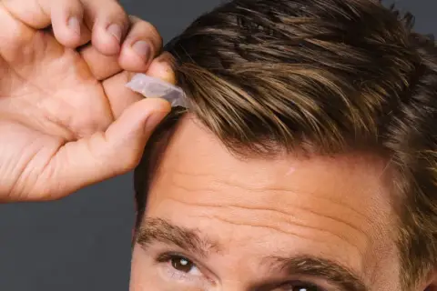 Mann mit beginnenden Geheimratsecken, der eine kleine Kapsel ins Haar drückt.