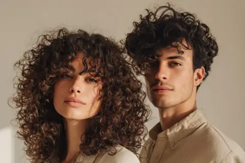 Ein Mann und eine Frau mit voluminösen Locken, die ihre Gesichter umrahmen. Ihre natürliche Locken-Routine zeigt sich in vollen, definierten Wellen.