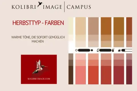 Farbpalette für den Herbsttyp mit warmen Tönen, die Gemütlichkeit ausstrahlen. Ideal für eine herbstliche Haarfarbe.