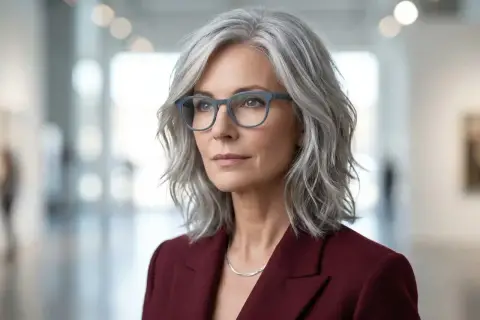 Elegante Frau mit grauen Haaren, die eine modische Frisur trägt. Sie trägt eine Brille und einen dunkelroten Blazer.