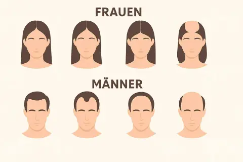 Illustration zeigt verschiedene Stadien von Haarausfall bei Frauen und Männern. Von vollem Haar bis zu kahlen Stellen.