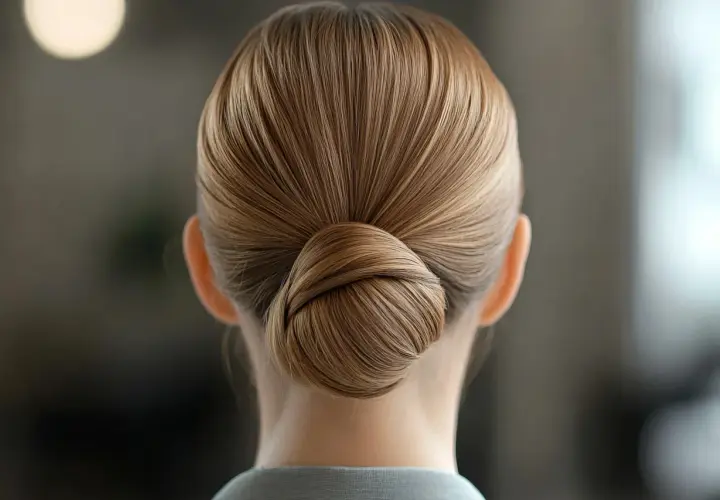 Eine Frau mit einer makellosen, sleek Frisur, die zu einem eleganten Knoten gebunden ist.