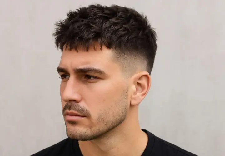 Mann mit französischem Crop und Low Fade Haarschnitt, dunkles, texturiertes Haar, dezenter Bart.