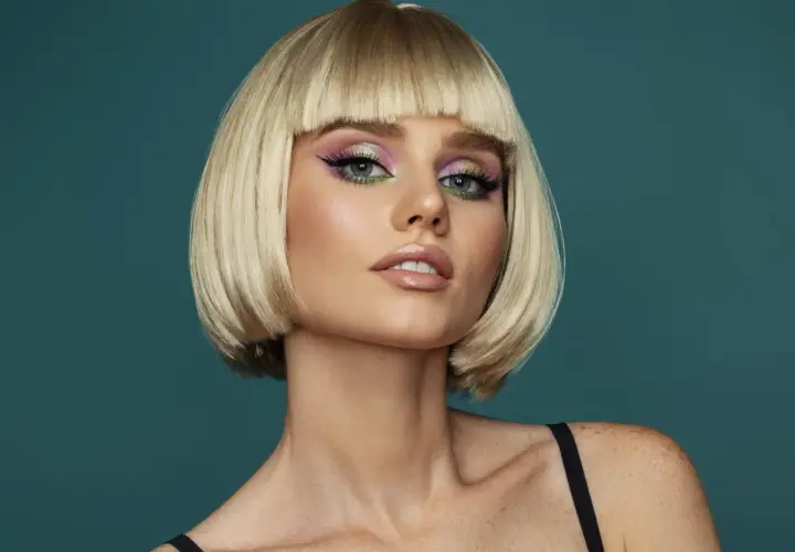 Blonde Frau mit fransig gestuftem Bob und auffälligem Make-up.