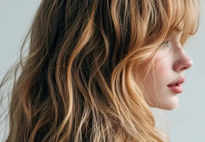 Profil einer Frau mit welligem, honigblondem Haar und zarten, wispy bangs, die ihr Gesicht umspielen.
