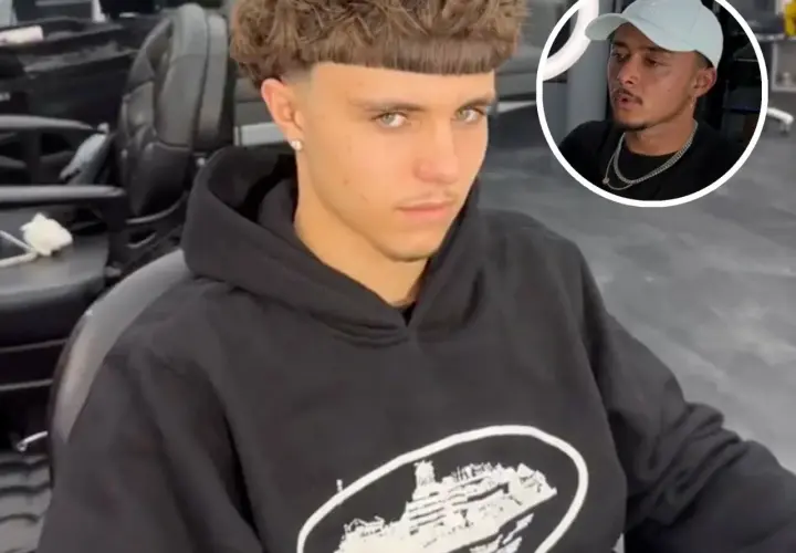 Junger Mann mit einem markanten Edgar Cut und einem lässigen Hoodie sitzt im Friseursalon. Im Kreis ist ein Mann mit Kappe zu sehen.