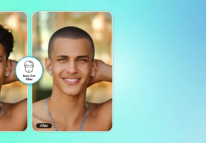 Vorher/Nachher-Vergleich: Ein Mann mit lockigem Haar und derselbe Mann mit einem Buzz Cut. Der Buzz Cut Filter steht mir.