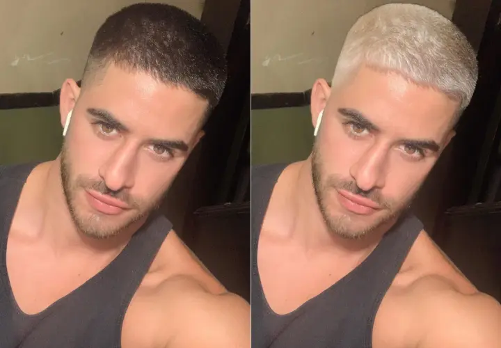 Mann mit Buzz Cut, einmal mit dunklem Haar, dann mit buzz cut blond.