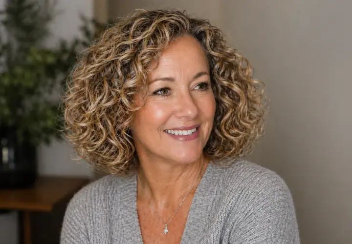 Lächelnde Frau mit mittellangen, lockigen Haaren, eine Inspiration für Frisuren mittellang locken ab 50.