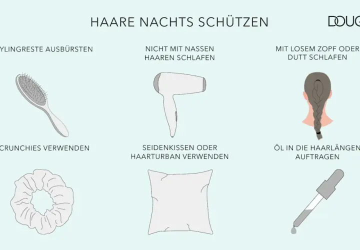 Tipps für Haarpflege: Stylingreste ausbürsten, nicht mit nassen Haaren schlafen, mit losem Zopf oder Dutt schlafen. So schützt du dein Haar, auch wenn du mit offenen Haaren schlafen möchtest.