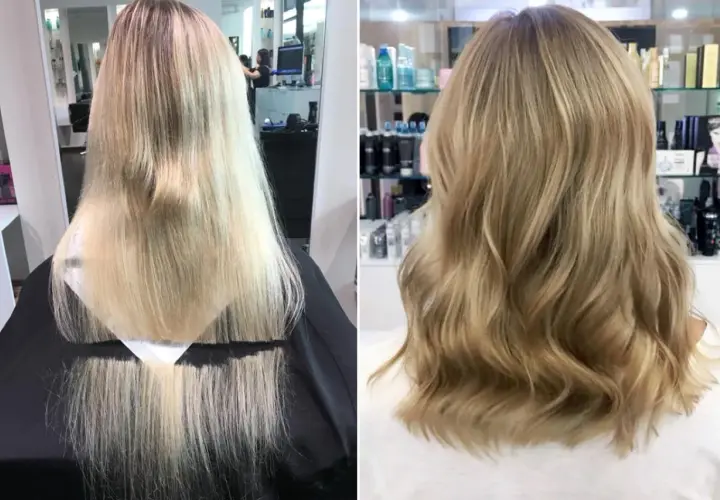 Vorher/Nachher-Vergleich: Lange, feine Haare werden zu einer voluminösen, welligen Mähne.