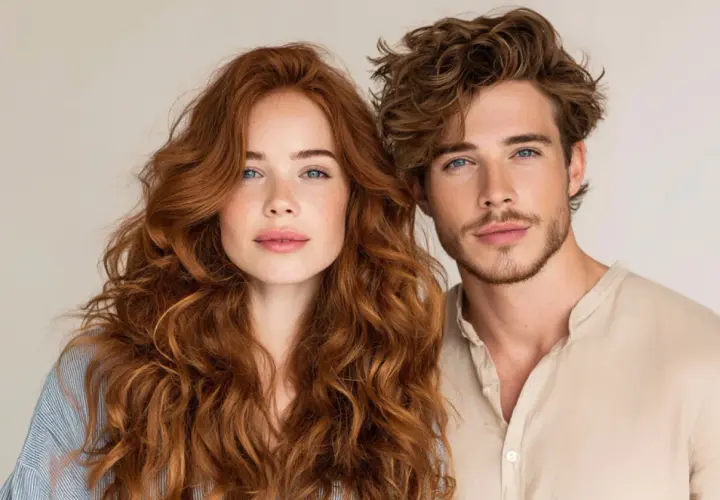 Ein Mann und eine Frau mit vollen, roten locken 2b und blauen Augen stehen nebeneinander.