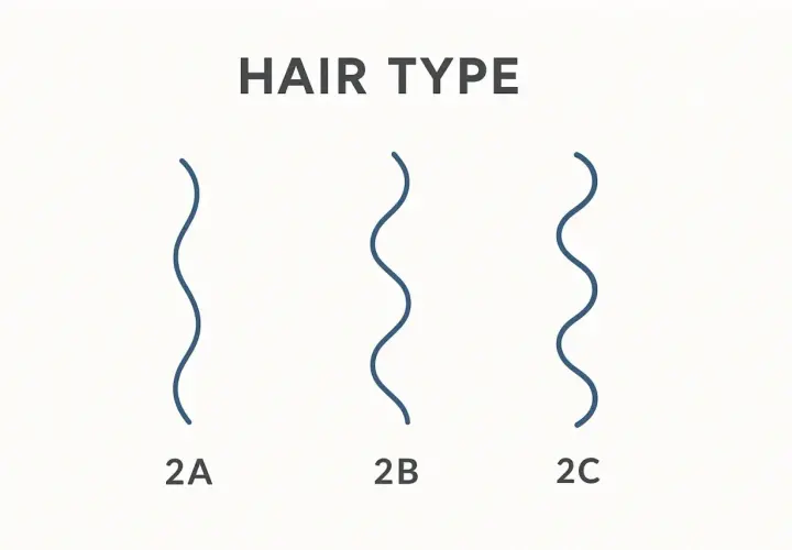 Drei Wellenlinien zeigen verschiedene Haartypen: 2A, 2B und 2C. Der Typ 2C hat die engsten Wellen.