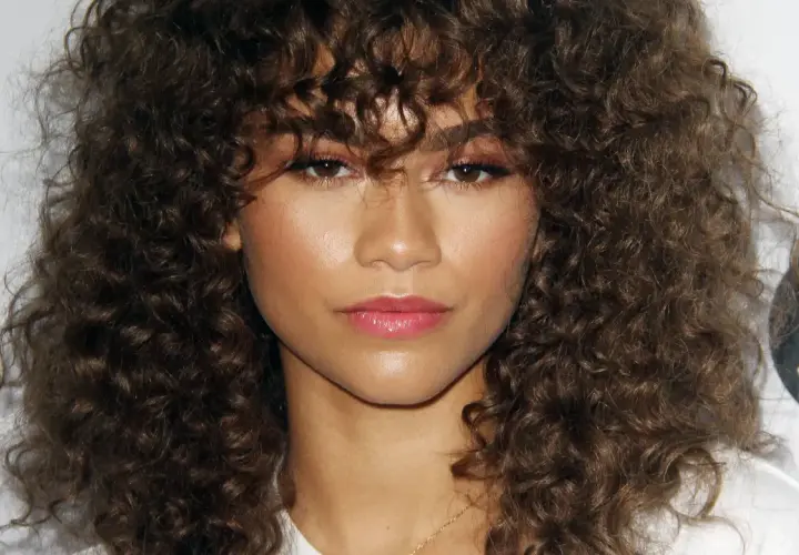 Zendaya mit voluminösen, braunen Locken, die ihr Gesicht umrahmen. Eine Inspiration für Frisuren mit Locken.