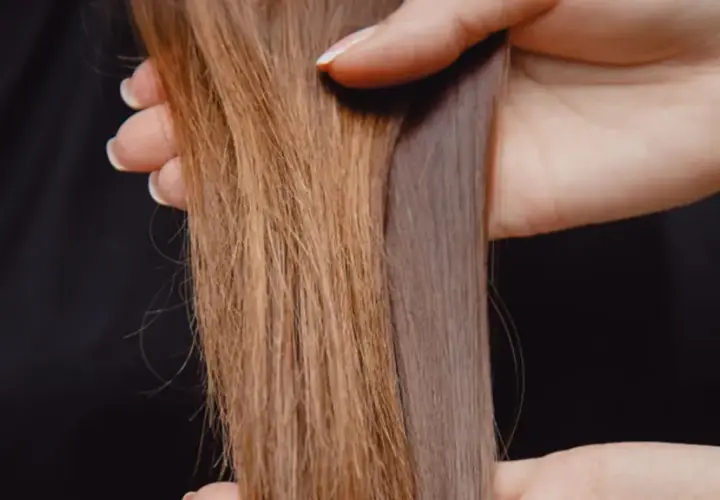 Hände halten zwei Strähnen lange Haare, eine braun, die andere grau-violett.