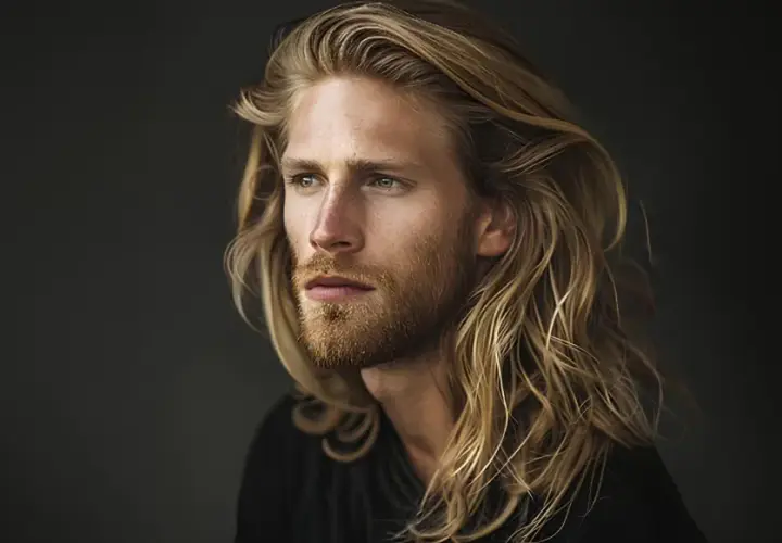 Mann mit mittellang pflegeleicht herren frisuren, blondes Haar, Bart, blickt nach rechts.