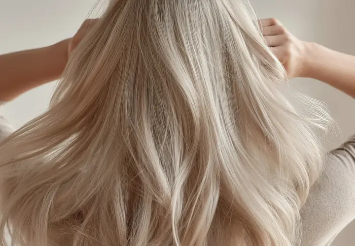 Blonde, dicke Haare fallen in Wellen über die Schultern. Eine Hand fährt durch das seidige Haar.