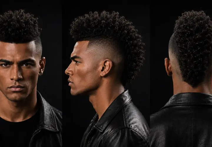 Mann mit kurzer Mohawk-Frisur, lockigem Oberkopf und an den Seiten kurz geschorenen Haaren, im Lederjacken-Look.