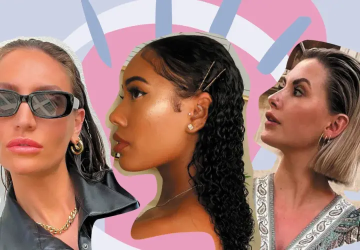 Drei Frauen mit nassen Haaren, inspiriert von einer Wasserrutsche Frisur. Eine trägt Sonnenbrille, die andere hat Haarnadeln, die dritte einen Bob.
