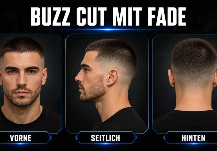 Mann mit Buzz Cut Taper Fade. Von vorne, seitlich und von hinten gezeigt.